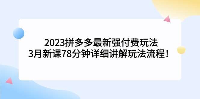 2023最新拼多多付费玩法教程，详细讲解玩法流程！-欢迎访问本站