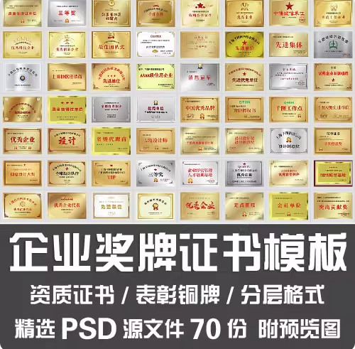 70份企业奖牌证书模板【PSD源文件可直接修改使用】公司单位设计院表彰铜牌【电商热销859】-欢迎访问本站